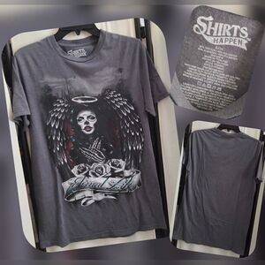 Las Muertos Skeleton With Angel Wing Graphic Tee - Charcoal Size Small